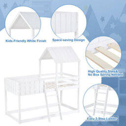 Abrihome Wooden Bunk Bed, Loft Bed With Ladder And Guard Rail, Mid-Sleeper Cabin Bed, 3 Ft Single Treehouse Canopy (White 90 X 190 Cm) - thumbnail 3