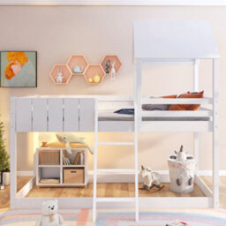 Abrihome Wooden Bunk Bed, Loft Bed With Ladder And Guard Rail, Mid-Sleeper Cabin Bed, 3 Ft Single Treehouse Canopy (White 90 X 190 Cm) - thumbnail 7