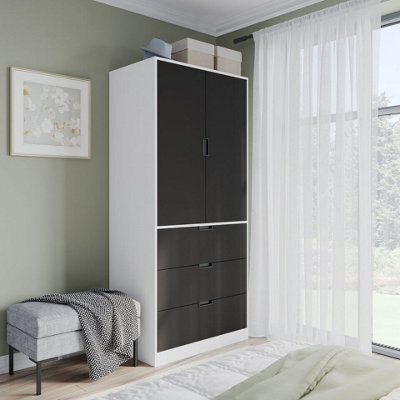 Urbn-Living Urbnliving 180Cm Height White Wardrobe With Black 2 Door 3 Drawer Storage And Modern Hanging Rail Furniture - image 1