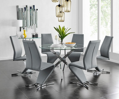 Furniturebox Uk Novara Chrome Metal And Glass Large Round Dining Table And 6 Elephant Grey Willow Chairs Set - image 1