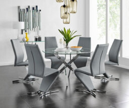 Furniturebox Uk Novara Chrome Metal And Glass Large Round Dining Table And 6 Elephant Grey Willow Chairs Set - thumbnail 1