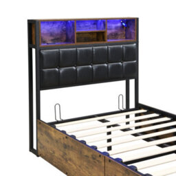 Abrihome Hydraulic Storage Bed With Charging Port - 3Ft Single, 90X190Cm, Soft Headboard & Storage Compartments, Black/wood - thumbnail 7