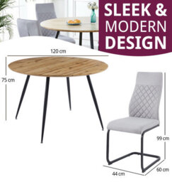 Hallowood Furniture Cullompton Large Round Dining Table, Light Oak Effect Top (120Cm), With 4 Grey Fabric High Back Chairs - thumbnail 3