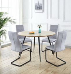 Hallowood Furniture Cullompton Large Round Dining Table, Light Oak Effect Top (120Cm), With 4 Grey Fabric High Back Chairs - thumbnail 1