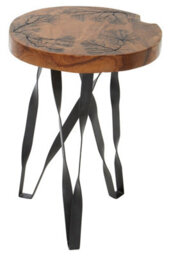 Orsina Rustic Round Stool,teak Wood Seat,kitchen Stool With Metallic Wavy Legs,bar Stool For Home Bars,patio Seat - thumbnail 2