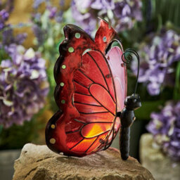 Solar Butterfly Decoration - Freestanding Solar Powered Light Up Garden Ornament With Iron Frame & Hand Painted Resin Glass