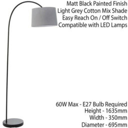 1.6M Curved Floor Lamp Matt Black & Grey Shade Free Standing Living Room Light - thumbnail 2