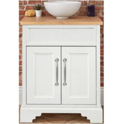 Homestylestore Antique White And Oak 645mm Bathroom Vanity Unit With Round Countertop Basin And Chrome T Bar Handles - thumbnail 1