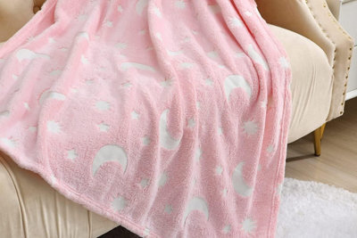 Homes & Linen Glow In The Dark Fleece Blanket Throw With Moons And Stars Pattern Super Soft Blanket For All Seasons Stars Pink, 100 X 150Cm - image 1
