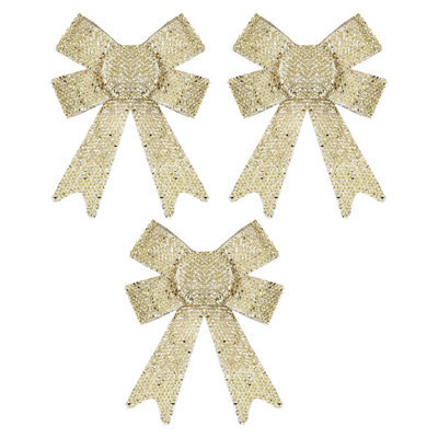 Tinsel Bows Christmas Decoration X 3 10Cm X 13Cm X 3Cm Champagne - image 1