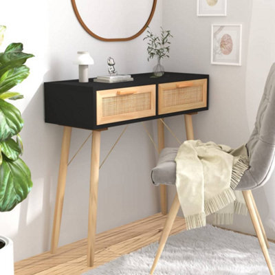 Berkfield Console Table Black 80X30X75 Cm Solid Wood Pine&natural Rattan - image 1