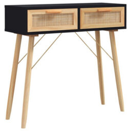 Berkfield Console Table Black 80X30X75 Cm Solid Wood Pine&natural Rattan - thumbnail 2