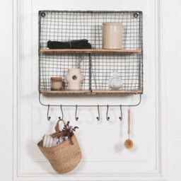 Iron Metal Wire Large 3 Compartment Wall Mounted Shelf With Hooks