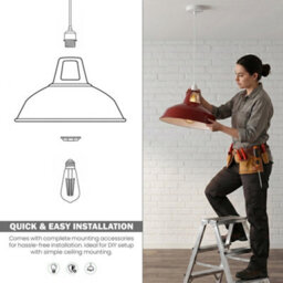 Metal E27 Red Pendant Light Shade With Reducer Plate - Industrial Style Ceiling Lamp Shade, 31.5Cm, Modern Kitchen And Dining - thumbnail 9
