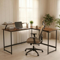 Abrihome L Computer Desk With Self Corner Tabletop Home Office Work Table, Industrial Rustic Brown