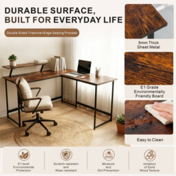 Abrihome L Computer Desk With Self Corner Tabletop Home Office Work Table, Industrial Rustic Brown - thumbnail 2