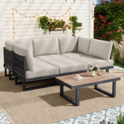 Btm 5-Piece Garden Lounge Set, Galvanized Frame, Glass Table, Grey Cushions - thumbnail 2