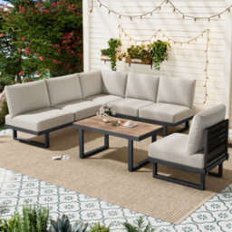 Btm 5-Piece Garden Lounge Set, Galvanized Frame, Glass Table, Grey Cushions - thumbnail 3