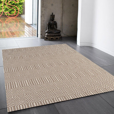 Taupe Geometric Modern Handmade Wool Easy To Clean Rug For Living Room And Bedroom-66 X 200Cm (Runner)