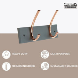Keypak Wall & Door Mounted Coat Rack 2 Polished Copper Hooks On Grey Board - 23Cm, For Entryways, Hallways, Bedrooms, Bathrooms - thumbnail 2