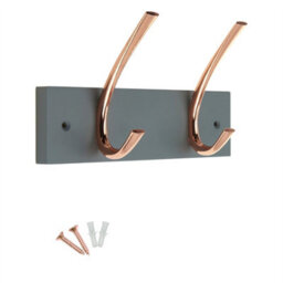 Keypak Wall & Door Mounted Coat Rack 2 Polished Copper Hooks On Grey Board - 23Cm, For Entryways, Hallways, Bedrooms, Bathrooms