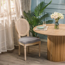 Nordlys Set Of 2 Wooden Dining Chairs With Cane Backs And Dark Gray Fabric Seats Classic Style Dining Room - thumbnail 3