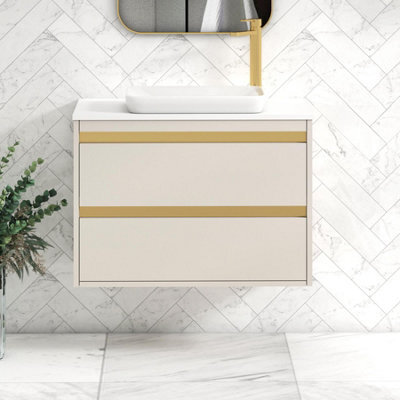 Royal Bathrooms Orion 800mm Warm Taupe Wall Hung Plain White Countertop Vanity Unit 2 Drawer With Qubix Basin & Brushed Brass Accent Trim - image 1
