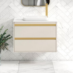Royal Bathrooms Orion 800mm Warm Taupe Wall Hung Plain White Countertop Vanity Unit 2 Drawer With Qubix Basin & Brushed Brass Accent Trim