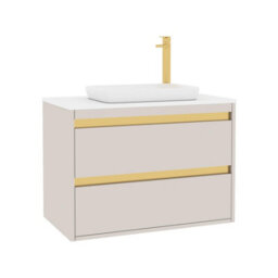 Royal Bathrooms Orion 800mm Warm Taupe Wall Hung Plain White Countertop Vanity Unit 2 Drawer With Qubix Basin & Brushed Brass Accent Trim - thumbnail 6