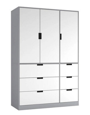 Urbn-Living Urbnliving Wooden 3 Door 6 Drawer Wardrobe Bedroom Storage Closet Shelves Hanging Rail Grey Unit - White Doors Drawers - image 1