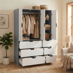 Urbn-Living Urbnliving Wooden 3 Door 6 Drawer Wardrobe Bedroom Storage Closet Shelves Hanging Rail Grey Unit - White Doors Drawers - thumbnail 4