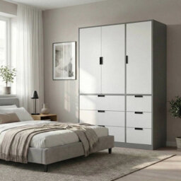Urbn-Living Urbnliving Wooden 3 Door 6 Drawer Wardrobe Bedroom Storage Closet Shelves Hanging Rail Grey Unit - White Doors Drawers - thumbnail 2