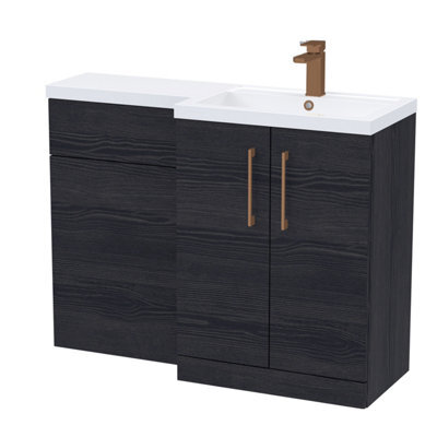 Balterley Right-Hand Bathroom Vanity And Wc Unit Combination With Basin - 1100mm - Woodgrain Black With Brushed Bronze Handles - image 1