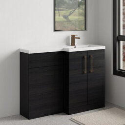 Balterley Right-Hand Bathroom Vanity And Wc Unit Combination With Basin - 1100mm - Woodgrain Black With Brushed Bronze Handles - thumbnail 4