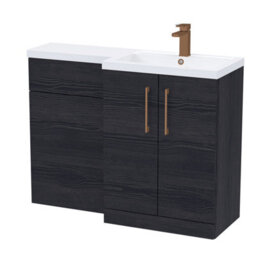 Balterley Right-Hand Bathroom Vanity And Wc Unit Combination With Basin - 1100mm - Woodgrain Black With Brushed Bronze Handles