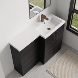 Balterley Right-Hand Bathroom Vanity And Wc Unit Combination With Basin - 1100mm - Woodgrain Black With Brushed Bronze Handles - thumbnail 3