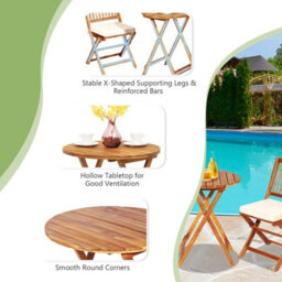 Gainoom 3-Piece Patio Folding Bistro Set Outdoor Acacia Wood Chair And Table Set With Padded Cushion - thumbnail 8