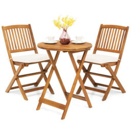 Gainoom 3-Piece Patio Folding Bistro Set Outdoor Acacia Wood Chair And Table Set With Padded Cushion