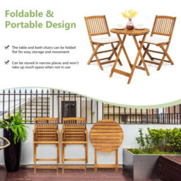 Gainoom 3-Piece Patio Folding Bistro Set Outdoor Acacia Wood Chair And Table Set With Padded Cushion - thumbnail 7