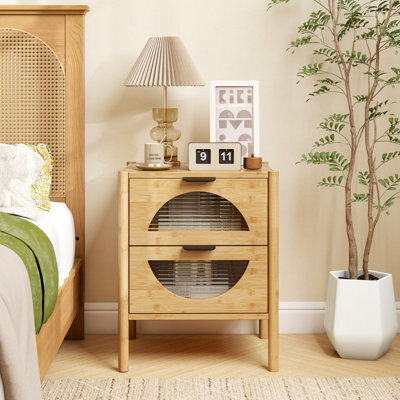Costway Bamboo Nightstand Modern Bedside Table With 2 Storage Drawers - image 1