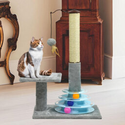 "Taylor & Brown 25"" Cat Scratching Post With Sisal Pole, Plush Carpet, Interactive Toy Balls, Durable Kitten Scratcher, Grey" - thumbnail 7