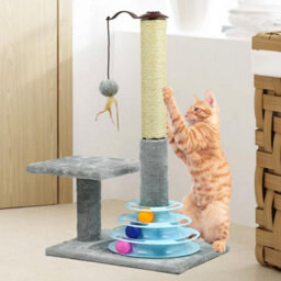 "Taylor & Brown 25"" Cat Scratching Post With Sisal Pole, Plush Carpet, Interactive Toy Balls, Durable Kitten Scratcher, Grey" - thumbnail 5