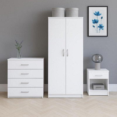 Home Treats White Wooden 3Pc Bedroom Furniture Set Includes Wardrobe Chest Of 4 Drawers Bedside Table - image 1