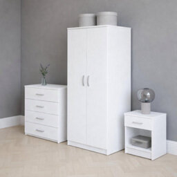 Home Treats White Wooden 3Pc Bedroom Furniture Set Includes Wardrobe Chest Of 4 Drawers Bedside Table - thumbnail 2