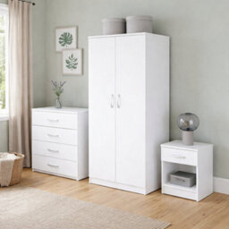 Home Treats White Wooden 3Pc Bedroom Furniture Set Includes Wardrobe Chest Of 4 Drawers Bedside Table - thumbnail 4