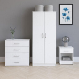 Home Treats White Wooden 3Pc Bedroom Furniture Set Includes Wardrobe Chest Of 4 Drawers Bedside Table - thumbnail 1