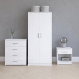 Home Treats White Wooden 3Pc Bedroom Furniture Set Includes Wardrobe Chest Of 4 Drawers Bedside Table - thumbnail 3