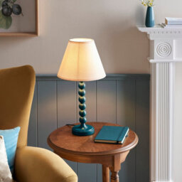 Luminosa Lighting Luminosa Higgledy Gloss Marlin Blue Paint Table Lamp With Vintage White Fabric Ivy Shade 25Cm E14 - thumbnail 2