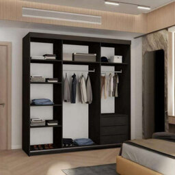 M N Furniture Ltd Wardrobe With Led Light-Modern Sliding Door Wardrobe With Full-Length Mirror, Bedroom Cabinet (Black,203Cm) - thumbnail 3