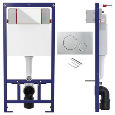 Concealed 1.12M Wall Hung Toilet Cistern Frame Adjustable Wc Unit & Gloss Chrome, White Trim Flush Plate - image 1